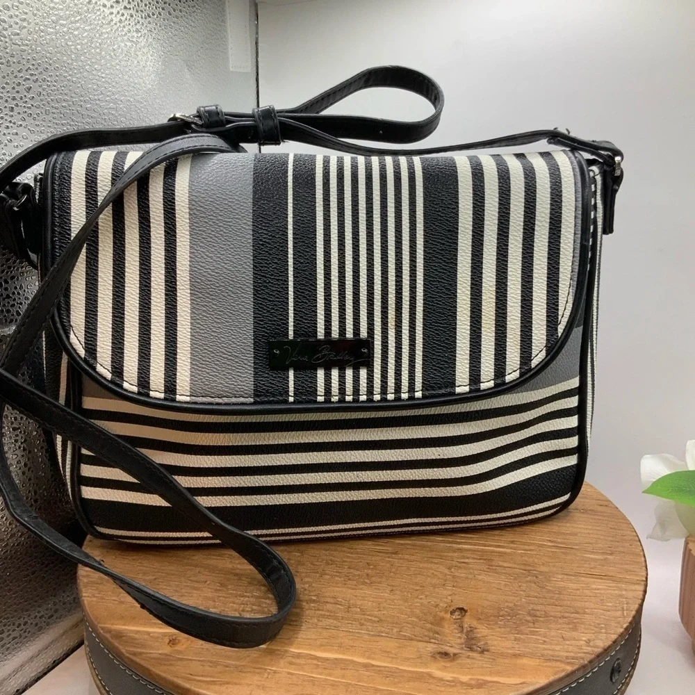 Vera Bradley Midnight Black White Gray Stripe Crossbody Bag Purse